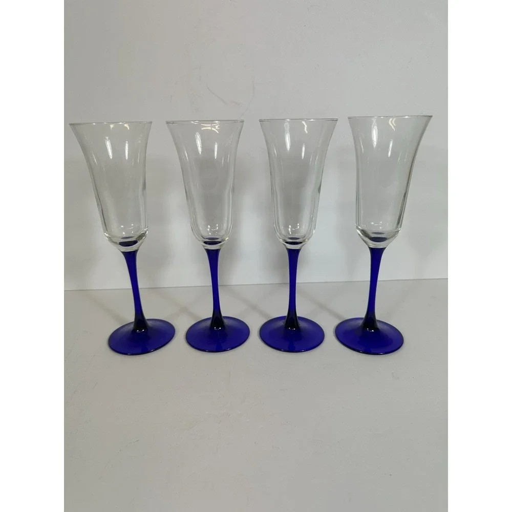 Cristal D'Arques Glasses Americana Blue Stem Champagne Flutes Flared Set Of 4
